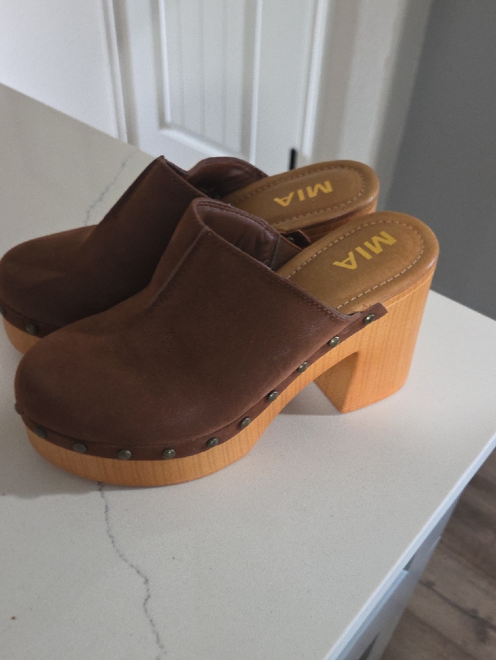 MIA Brown Suede Platform Clog Mules with Wood-Look Heel